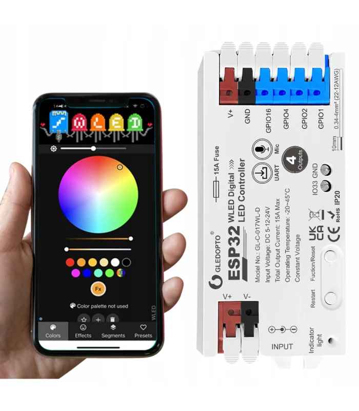 Sterownik LED WLED RGB WiFi ESP32 Home Assistant WS281x MIKROFON - 4 KANAŁY